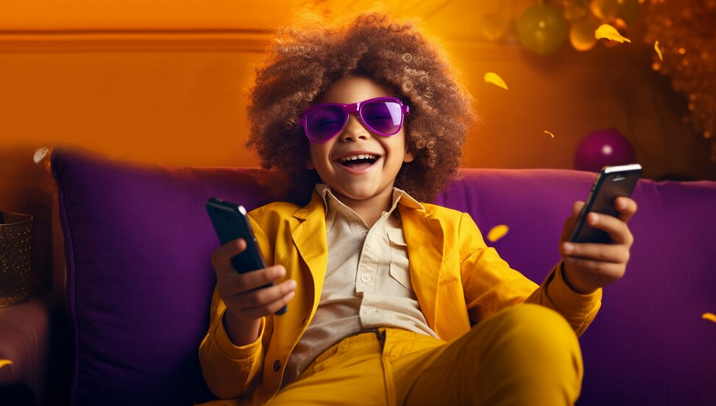 a lady wearing shades in a yellow outfit holding a phone and a remote